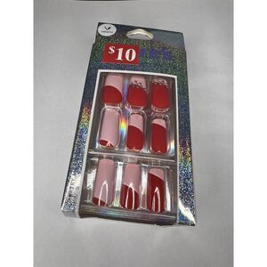 24pc Claire's Fake False Press On Nails Glue On Vegan Red Pink Rhinestone Square